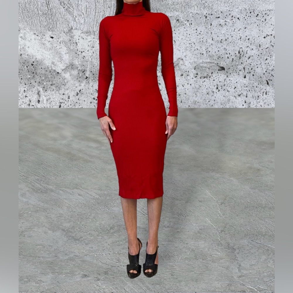 Enza Costa Viscose Rib Twist Back, Long Sleeve Red Midi Cocktail Dress, Sz S